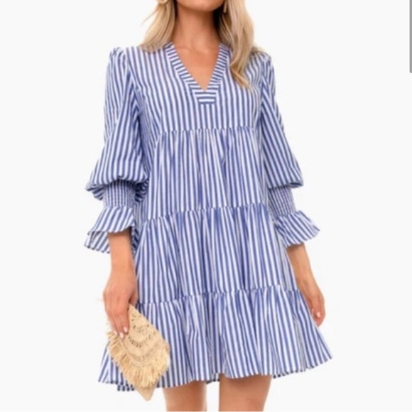 Pomander Place Blue White Stripe Cotton Poplin Kenzo Dress, Size M - Tuckernuck - Picture 1 of 7